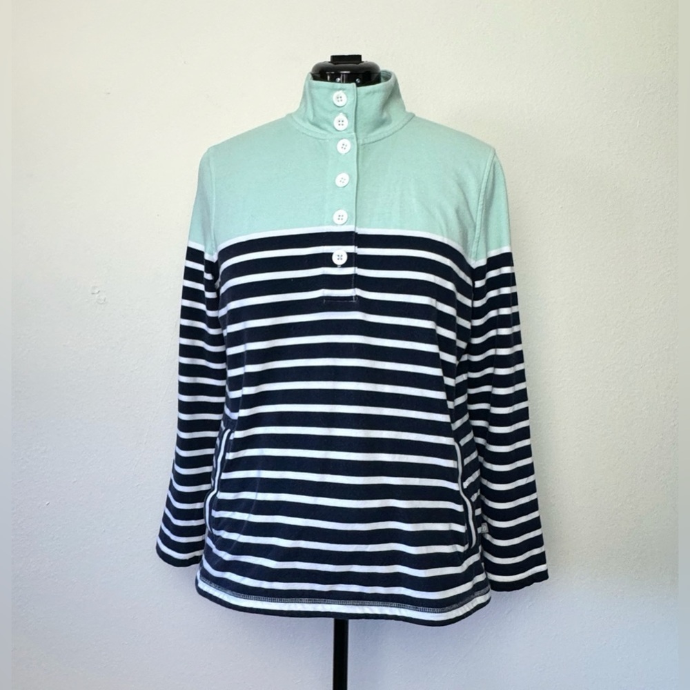 Talbots Mint and Navy Striped Cowl Neck Pullover